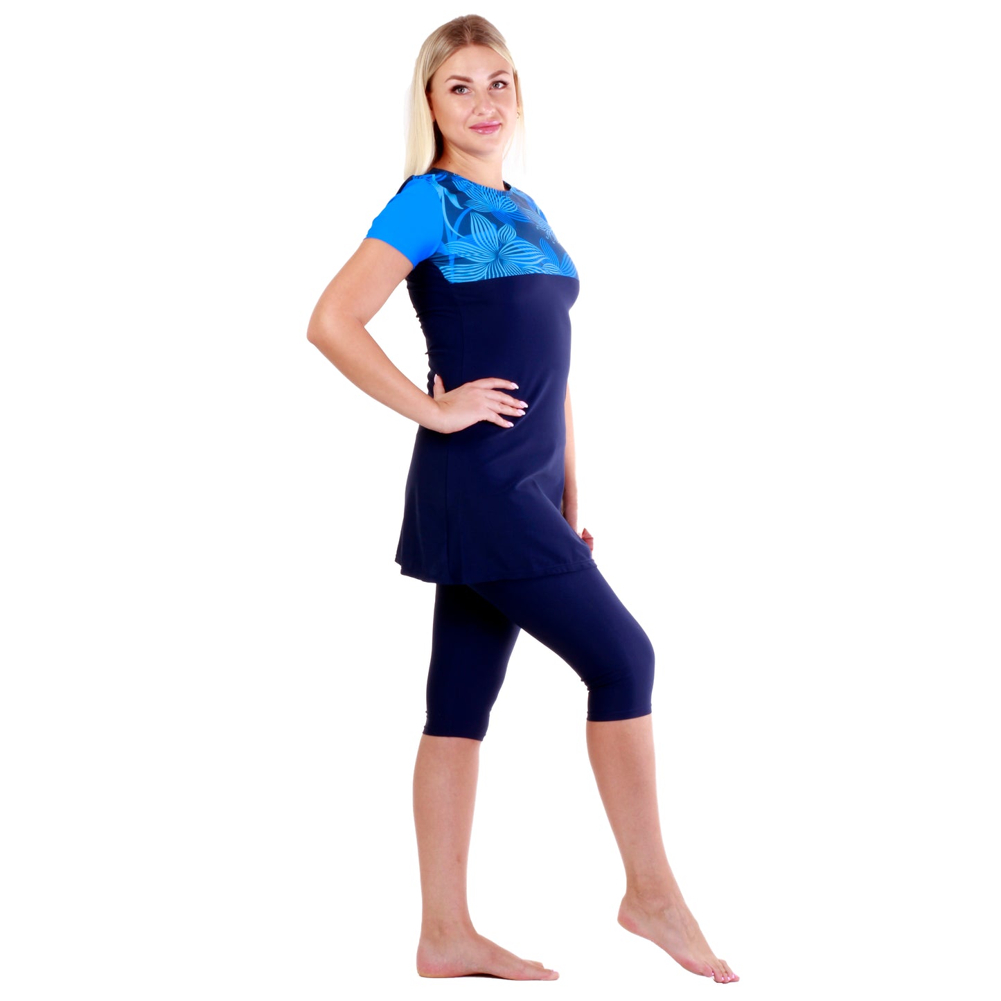 Blue Flora 2-Piece Modest Swimsuit (Short Sleeve)