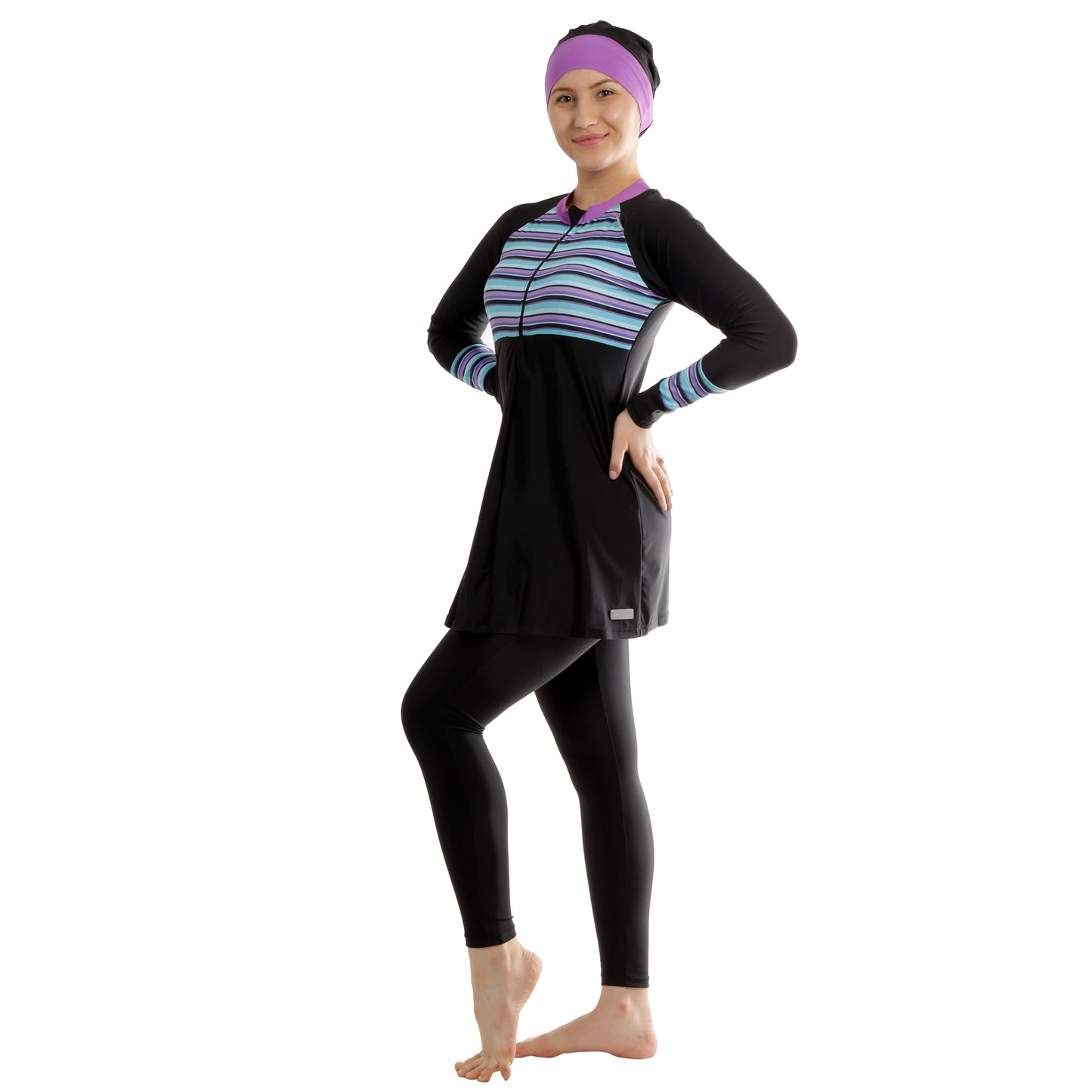 Purple Stripes Sporty Fit Full Cover Swimsuit