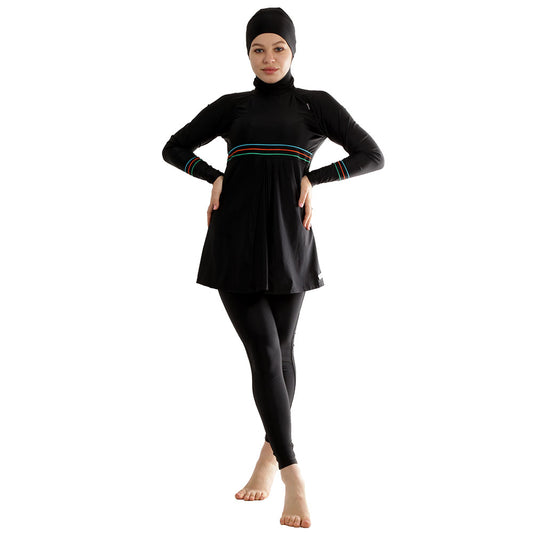 BURKINI  Stripes Full Cover Swimsuit BlackSleek