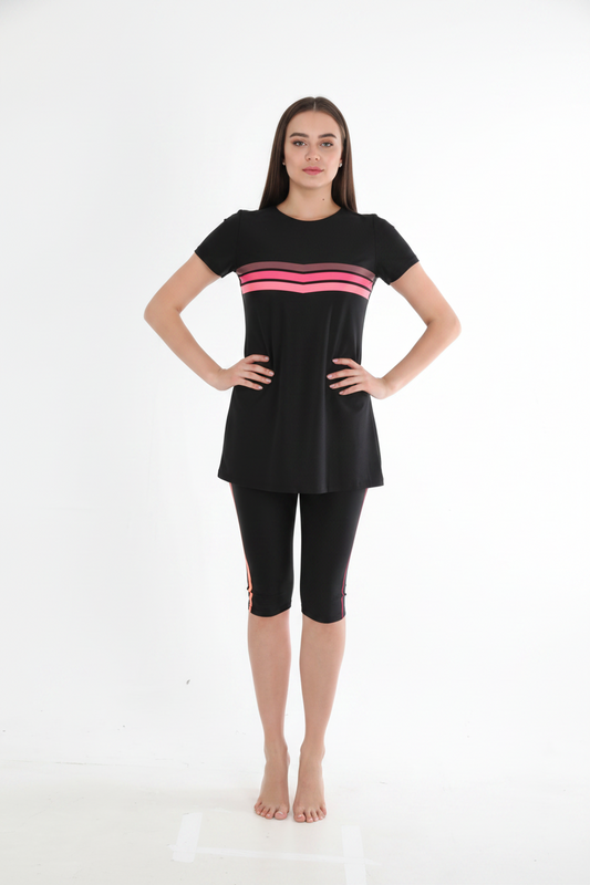 Pink Chevron 2-Piece Modest Swimsuit, Short Sleeve