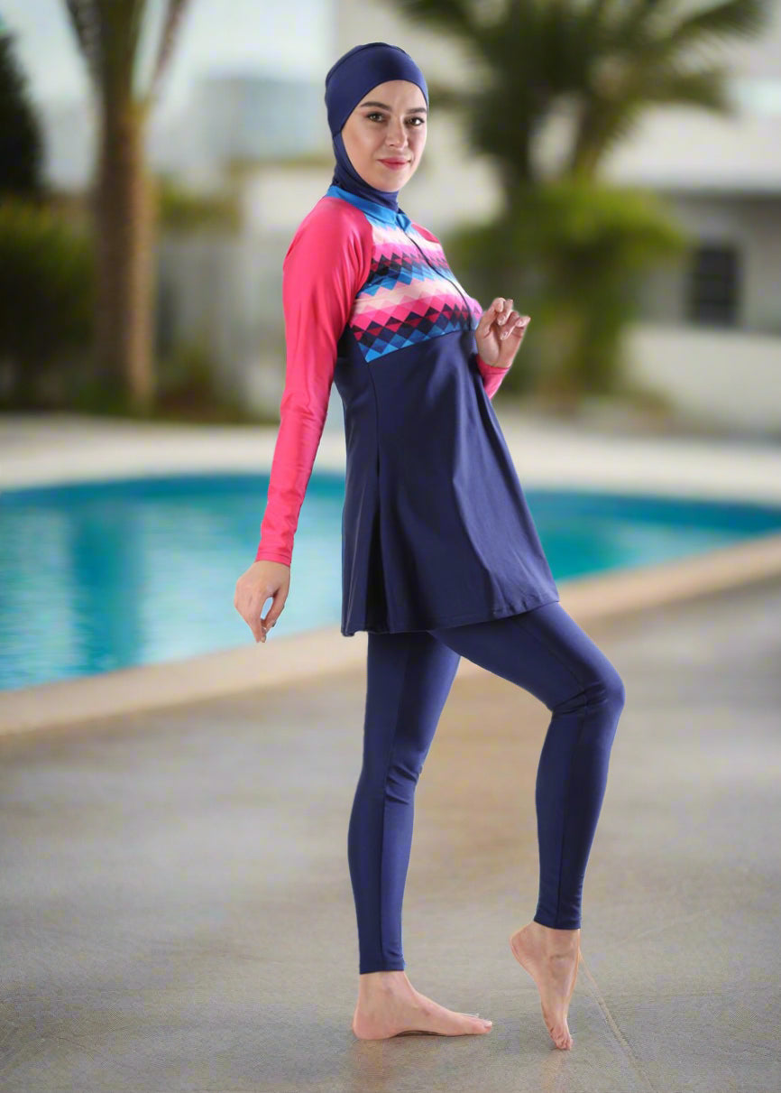 Pink Geo Sporty Fit Full Cover Swimsuit