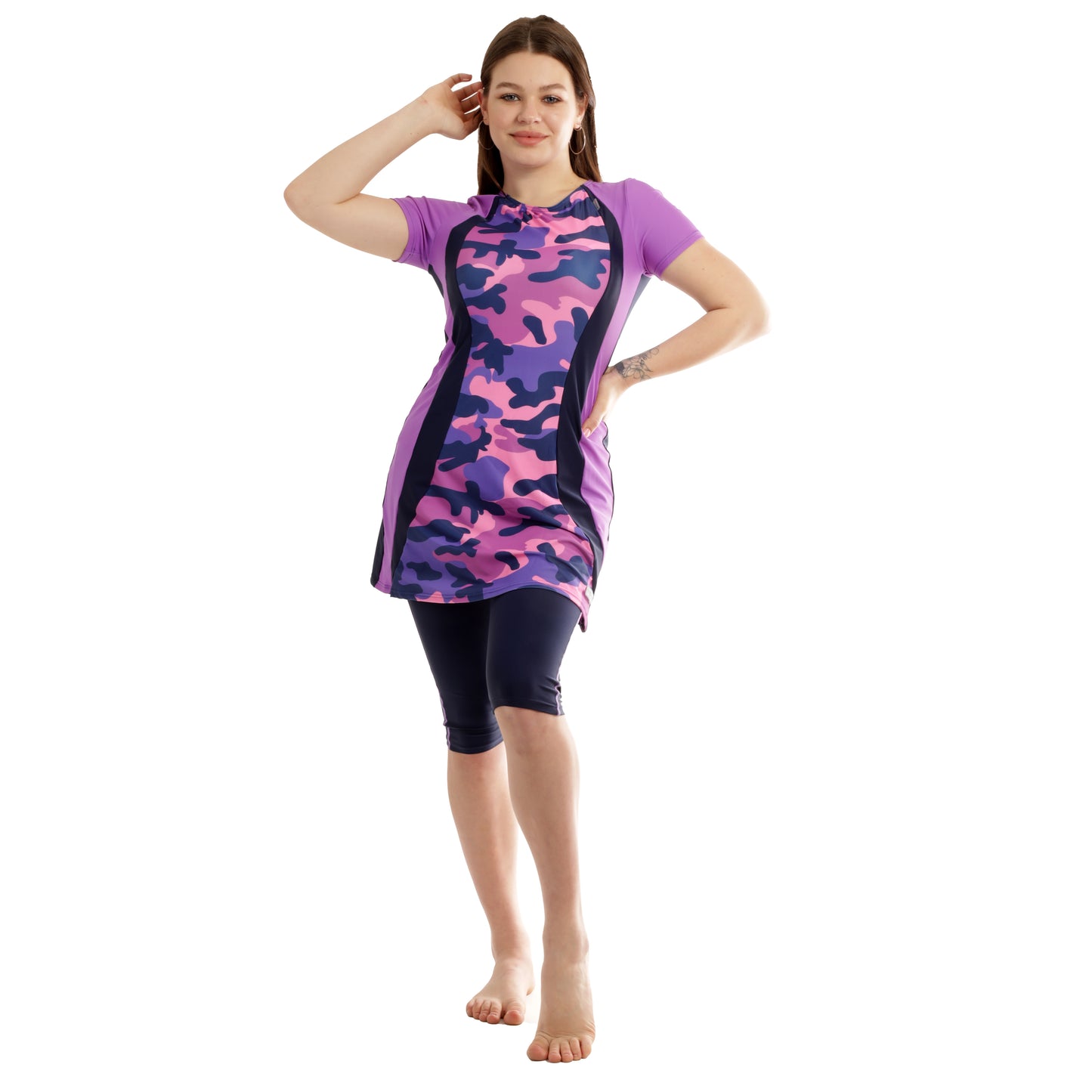 Veilkini CAMO Short Sleeve Swim Dress With Capri