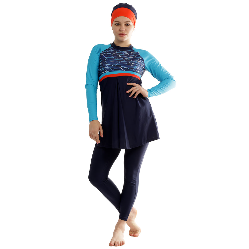 BURKINI Aqua Stripes Full Cover Swimsuit Slim Fit to body