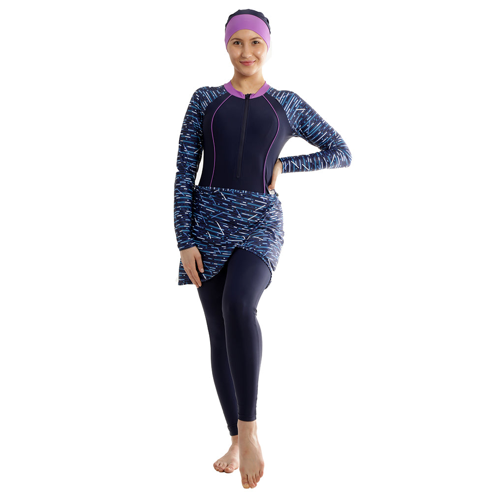 Aqua Stripes Jumpsuit Swimsuit with a skirt
